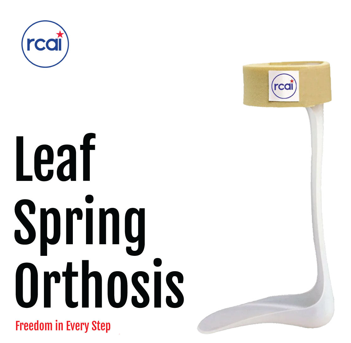 Beige lightweight RCAI Leaf Spring Orthosis AFO with slim curved plastic frame and padded ankle strap.
