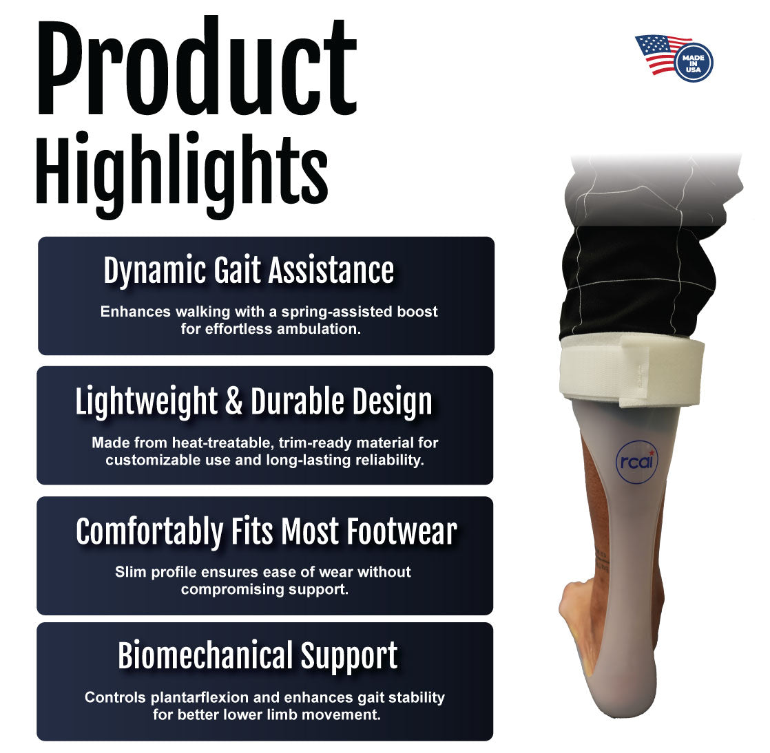 Orthotic product highlights with text on dynamic gait assistance, lightweight durable design, footwear fit, and.