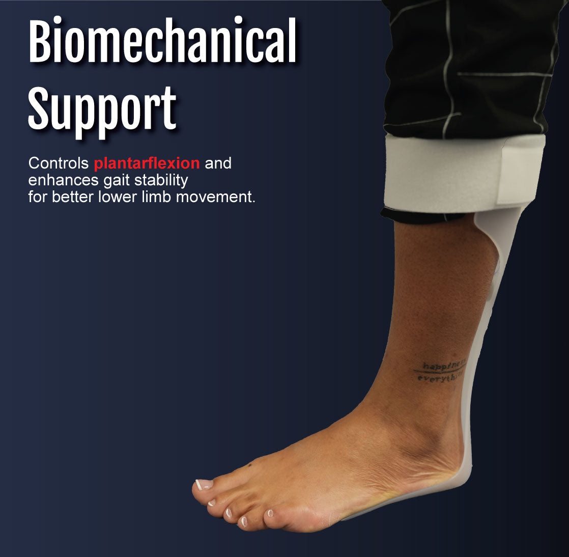 Lightweight beige RCAI leaf spring AFO on lower leg and foot providing biomechanical support against dark background.