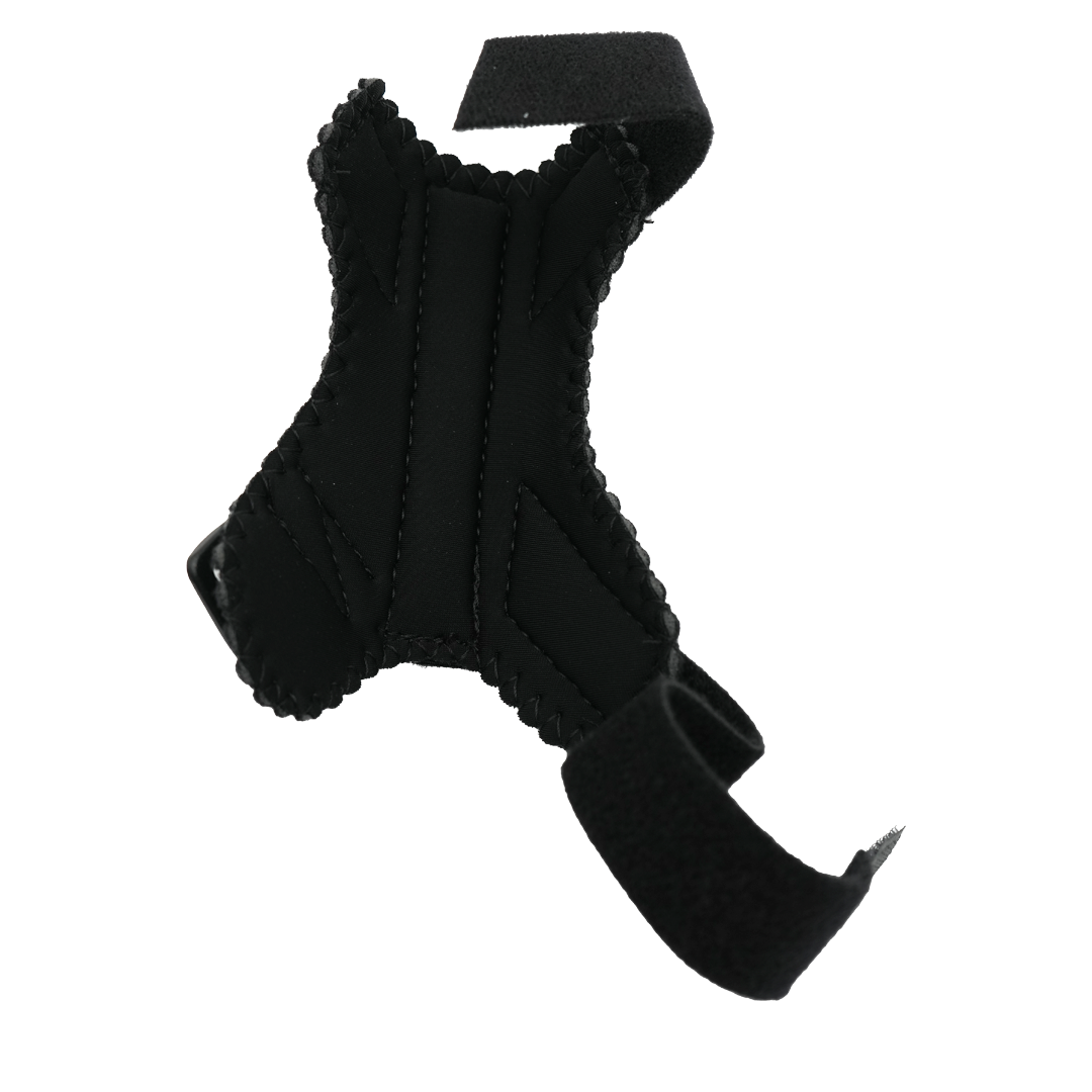 Black pediatric thumb support brace with adjustable Velcro straps and contoured padding.