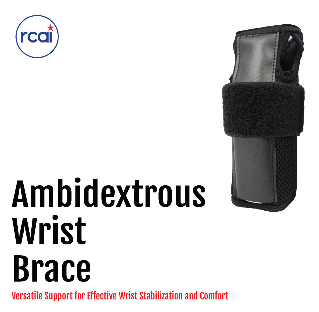 Black ambidextrous wrist brace with adjustable Velcro strap and breathable sides.