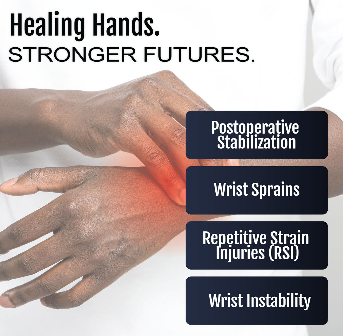 Black ambidextrous wrist brace worn on left wrist with adjustable straps on light skin tone hand.