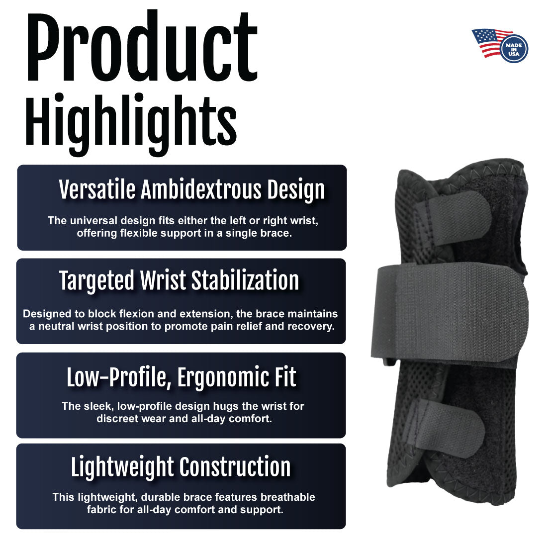 Black ambidextrous wrist brace with adjustable straps and breathable fabric for wrist support and stabilization.