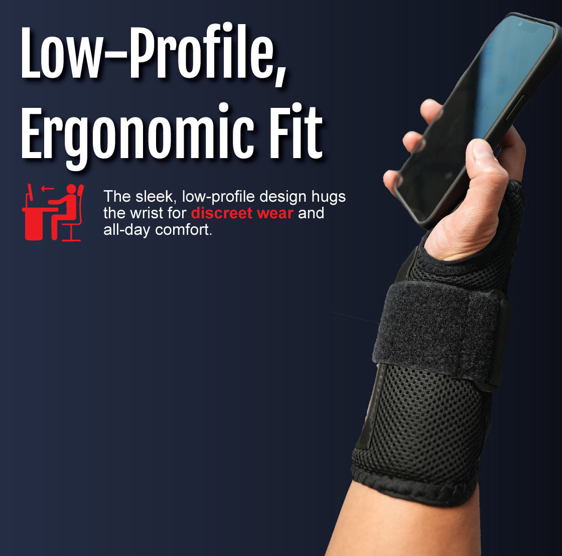 Black ambidextrous wrist brace with adjustable straps and breathable mesh, worn on right wrist holding smartphone.