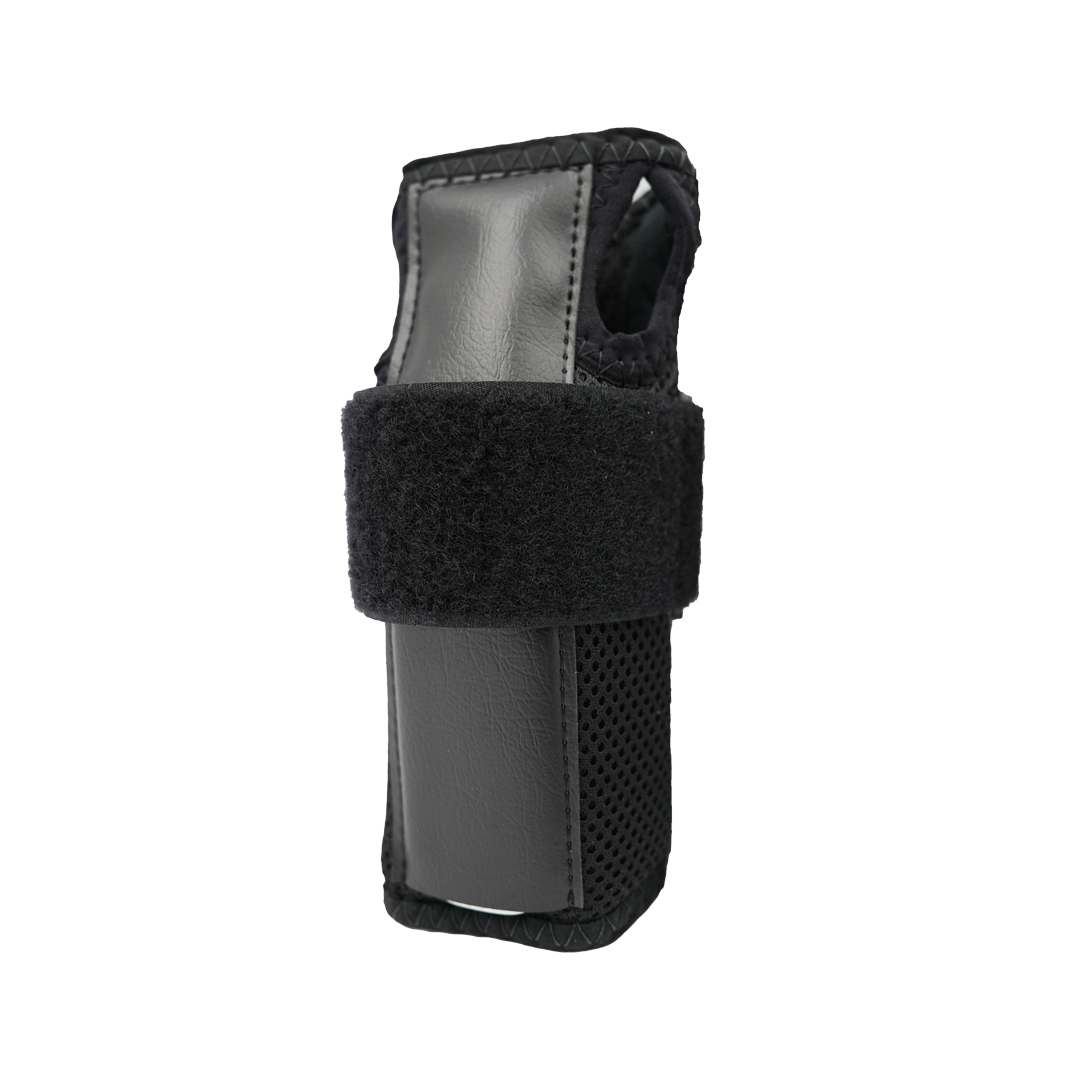 Black ambidextrous wrist brace with adjustable Velcro strap and breathable mesh sides.