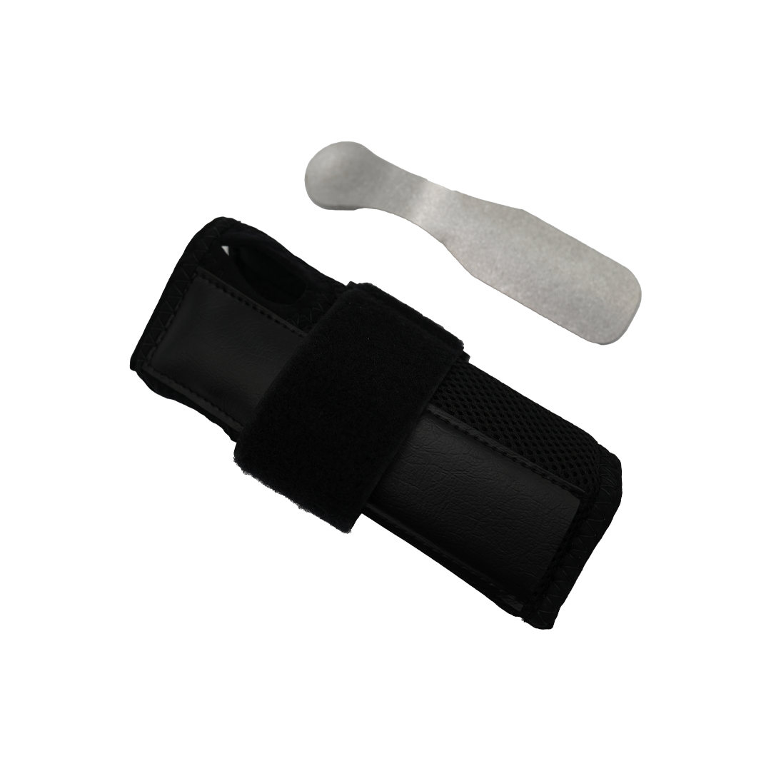 Black ambidextrous wrist brace with adjustable Velcro strap and removable metal splint support.