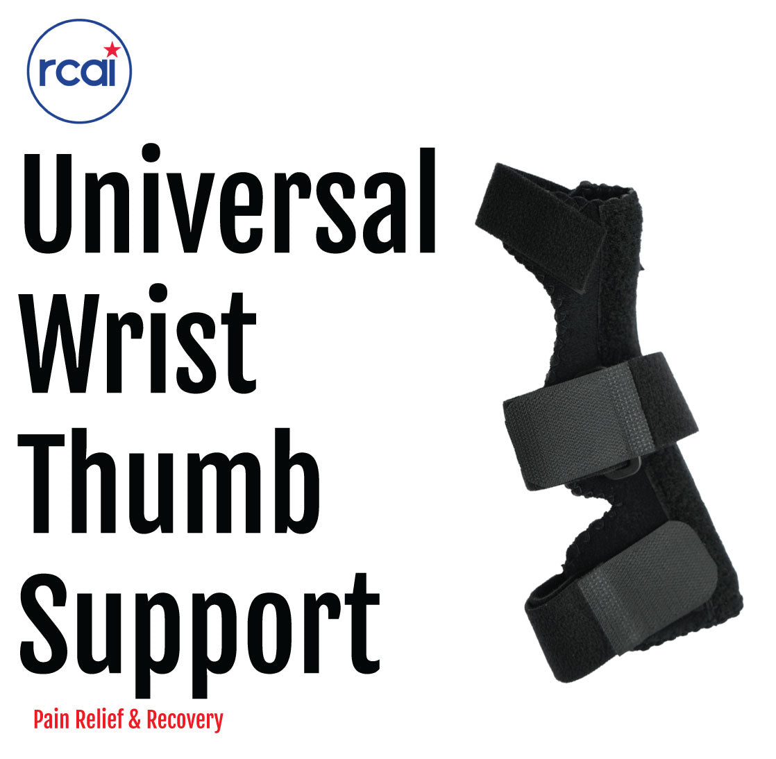 Black adjustable wrist and thumb support brace with two wide Velcro straps for pain relief and recovery.