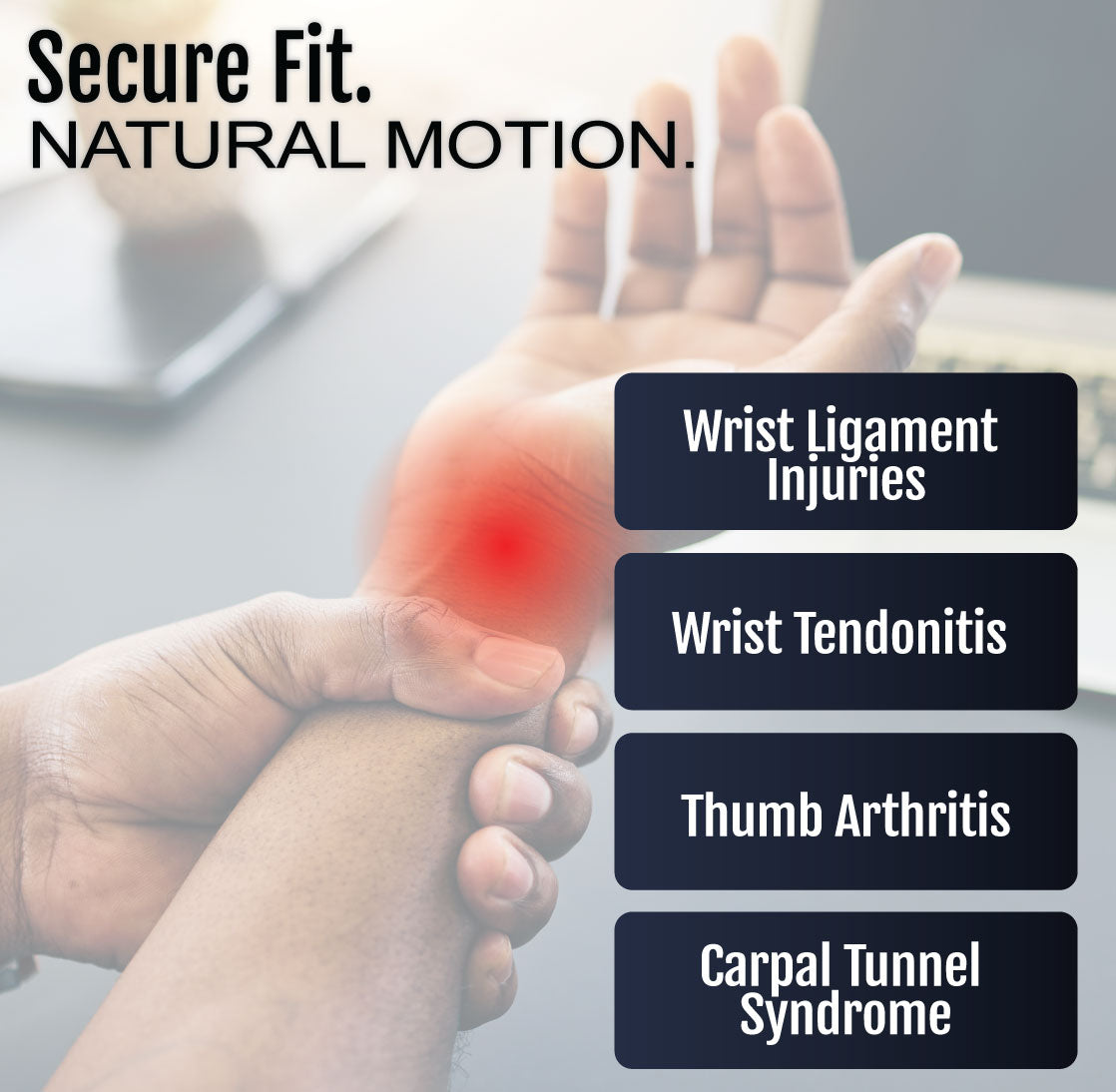Black and gray wrist and thumb support brace showing targeted pain relief areas on highlighted red wrist and thumb.