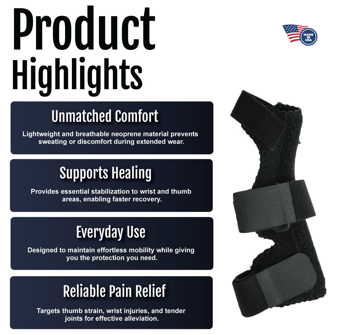 Black universal wrist and thumb support brace with adjustable straps and breathable neoprene material displayed against.