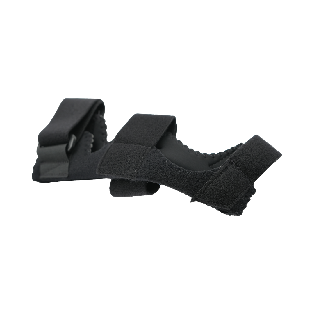 Black universal wrist and thumb support brace with adjustable velcro straps and cushioned padding.