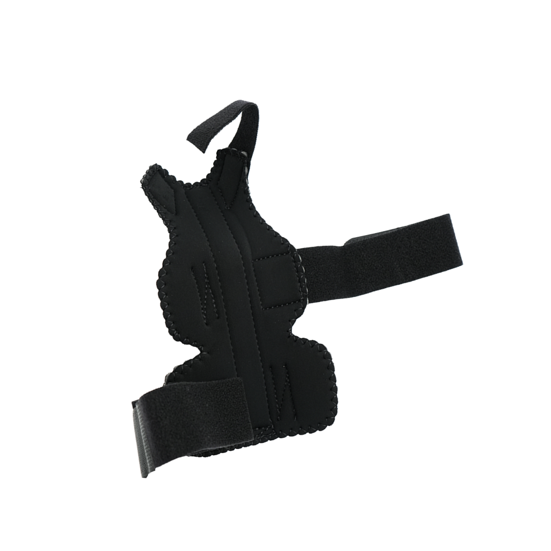 Black universal wrist and thumb support brace with adjustable Velcro straps and padded fabric design.