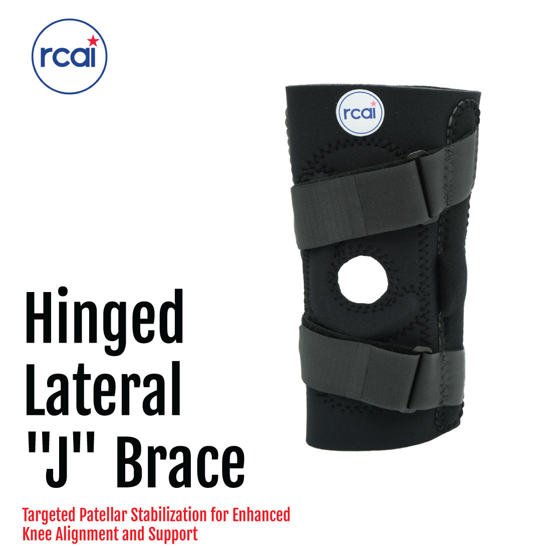 Black hinged lateral J brace with two adjustable straps and open patella design.