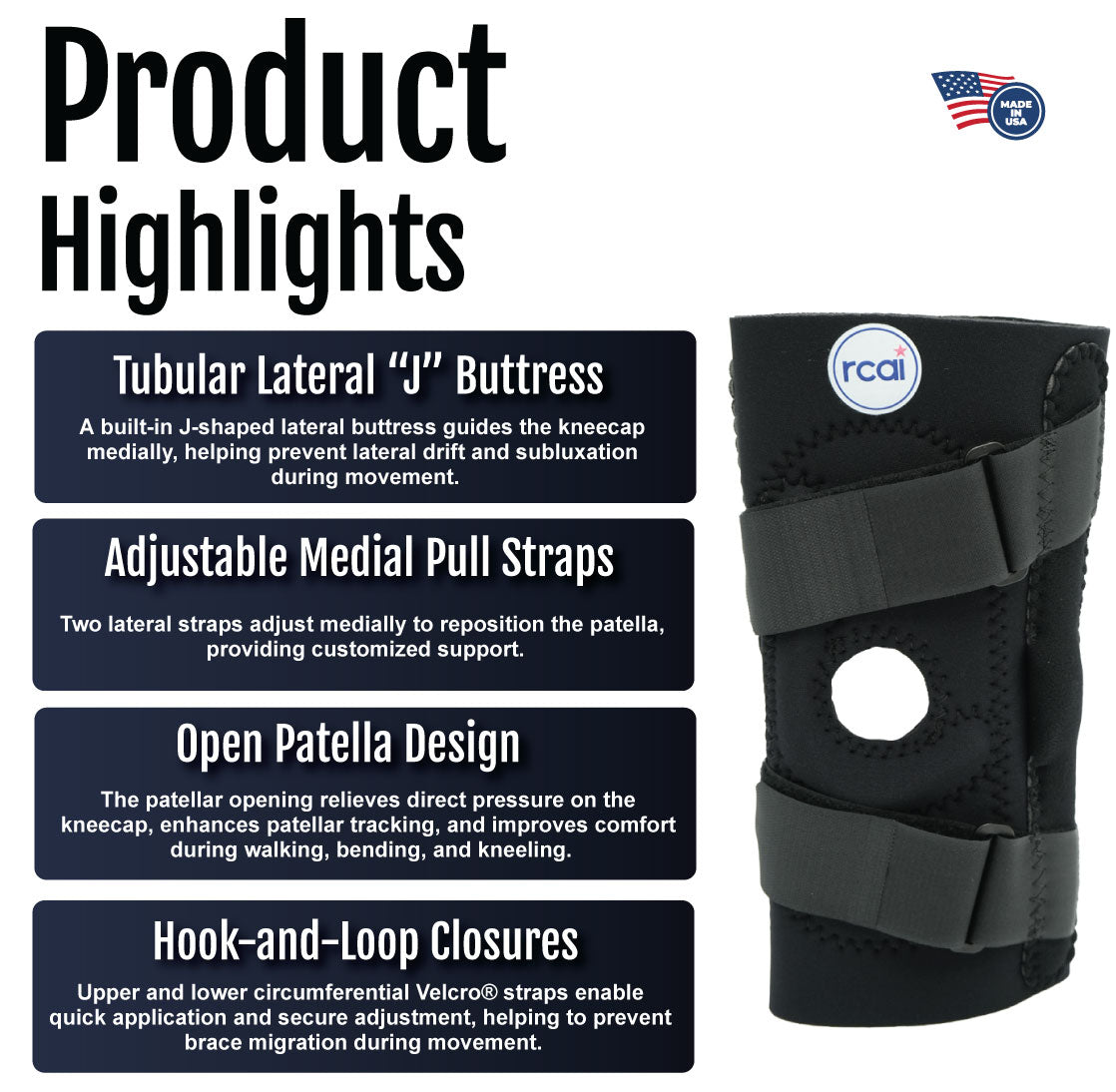 Black hinged lateral "J" brace with adjustable medial pull straps and open patella design.