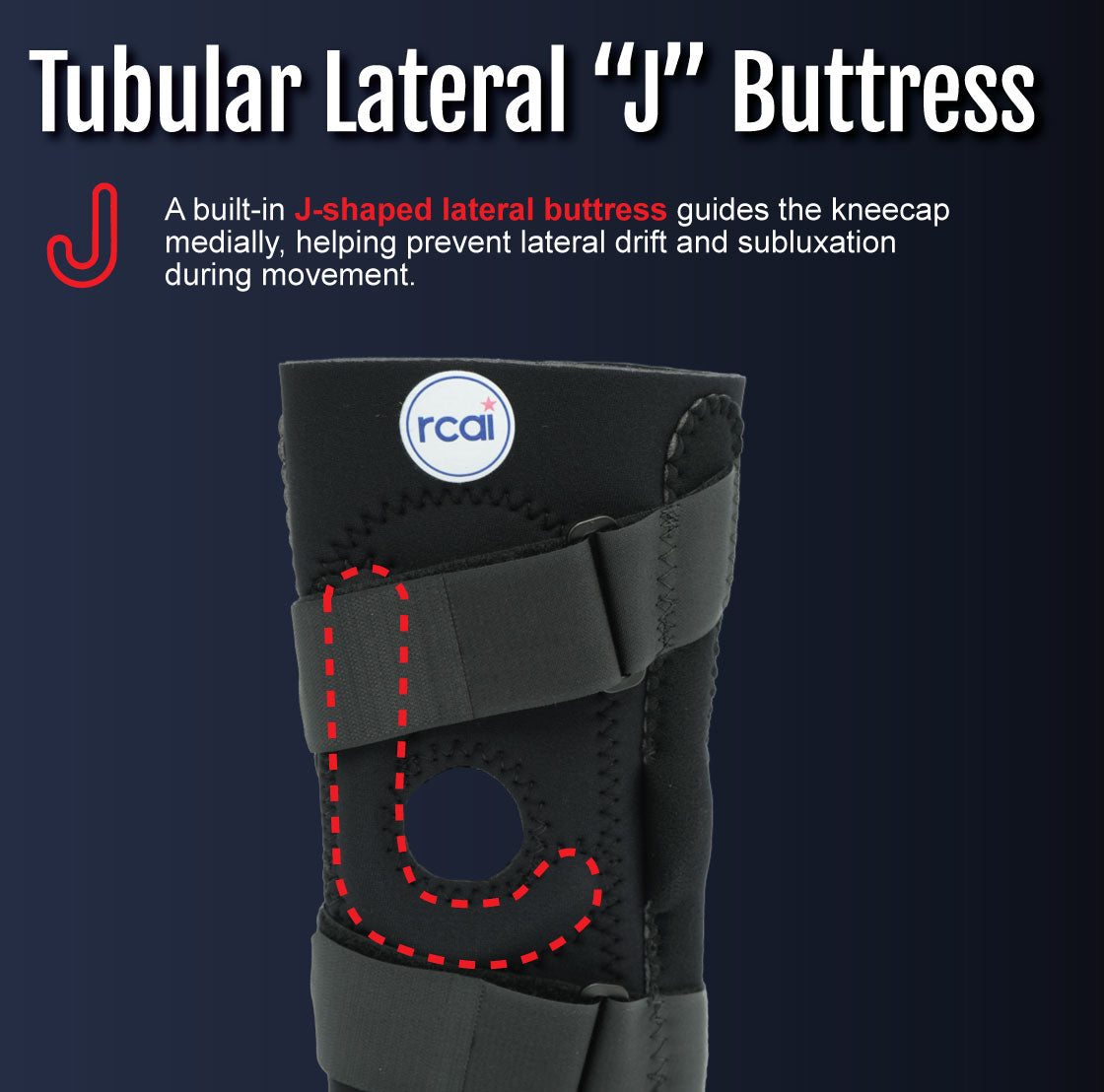 Black hinged lateral "J" brace with tubular lateral buttress and adjustable straps around knee cutout.