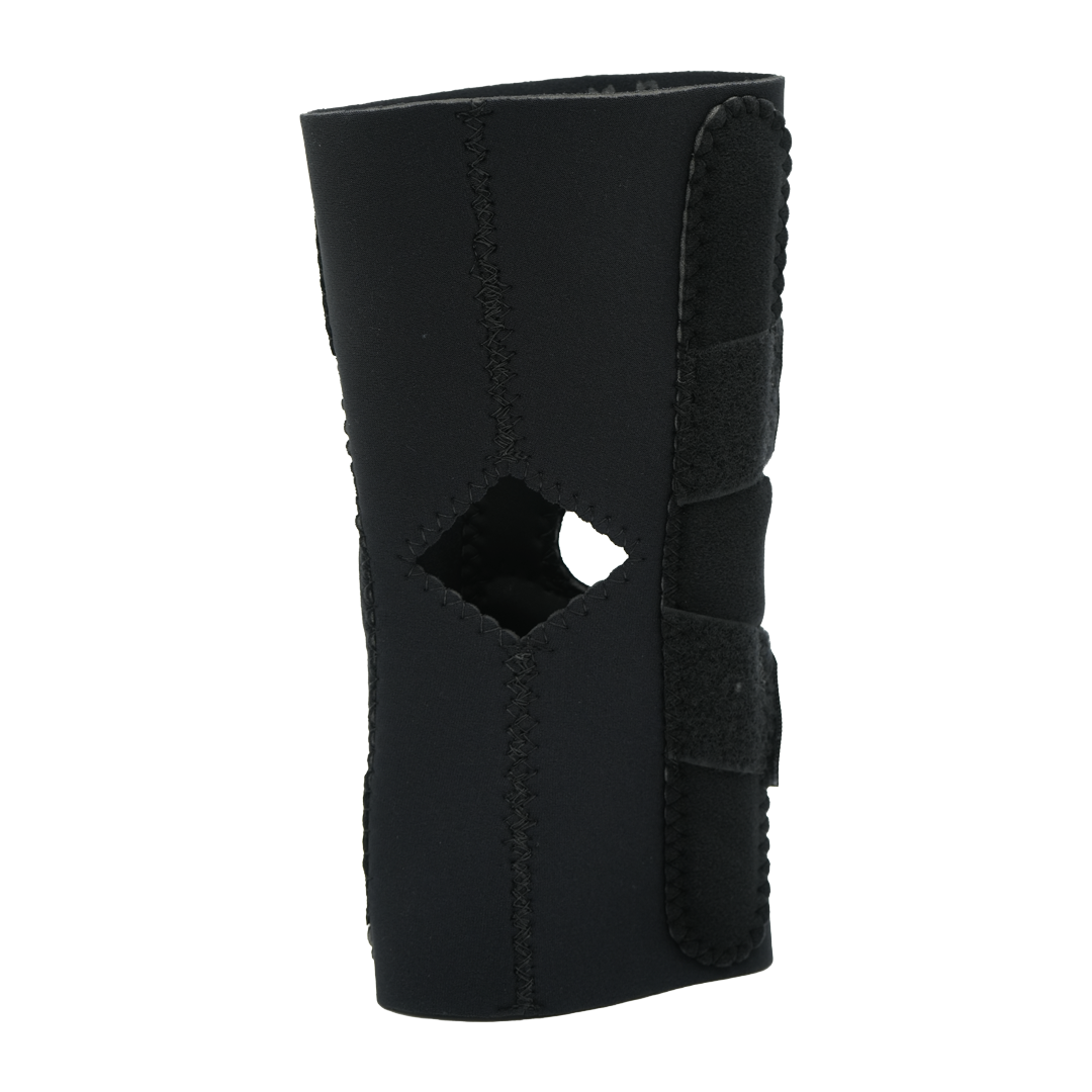 Black hinged lateral J brace with diamond-shaped cutout and two adjustable Velcro straps.