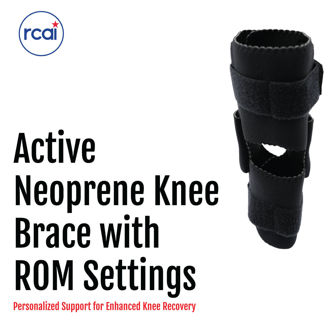 Black neoprene knee brace with adjustable straps and open patella design for support and range of motion control.