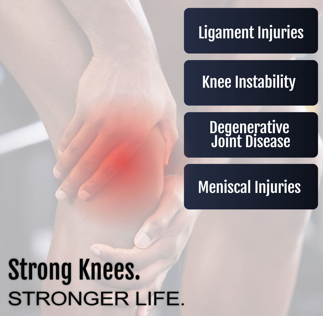 Knee brace highlighting relief for ligament injuries, knee instability, joint disease, and meniscal injuries.