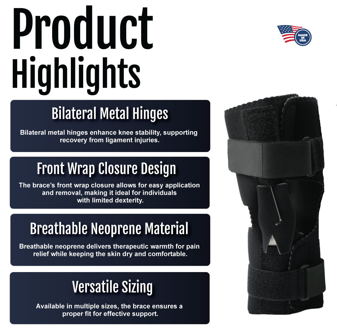 Black neoprene active knee brace with bilateral metal hinges and front wrap closure displayed with product feature.