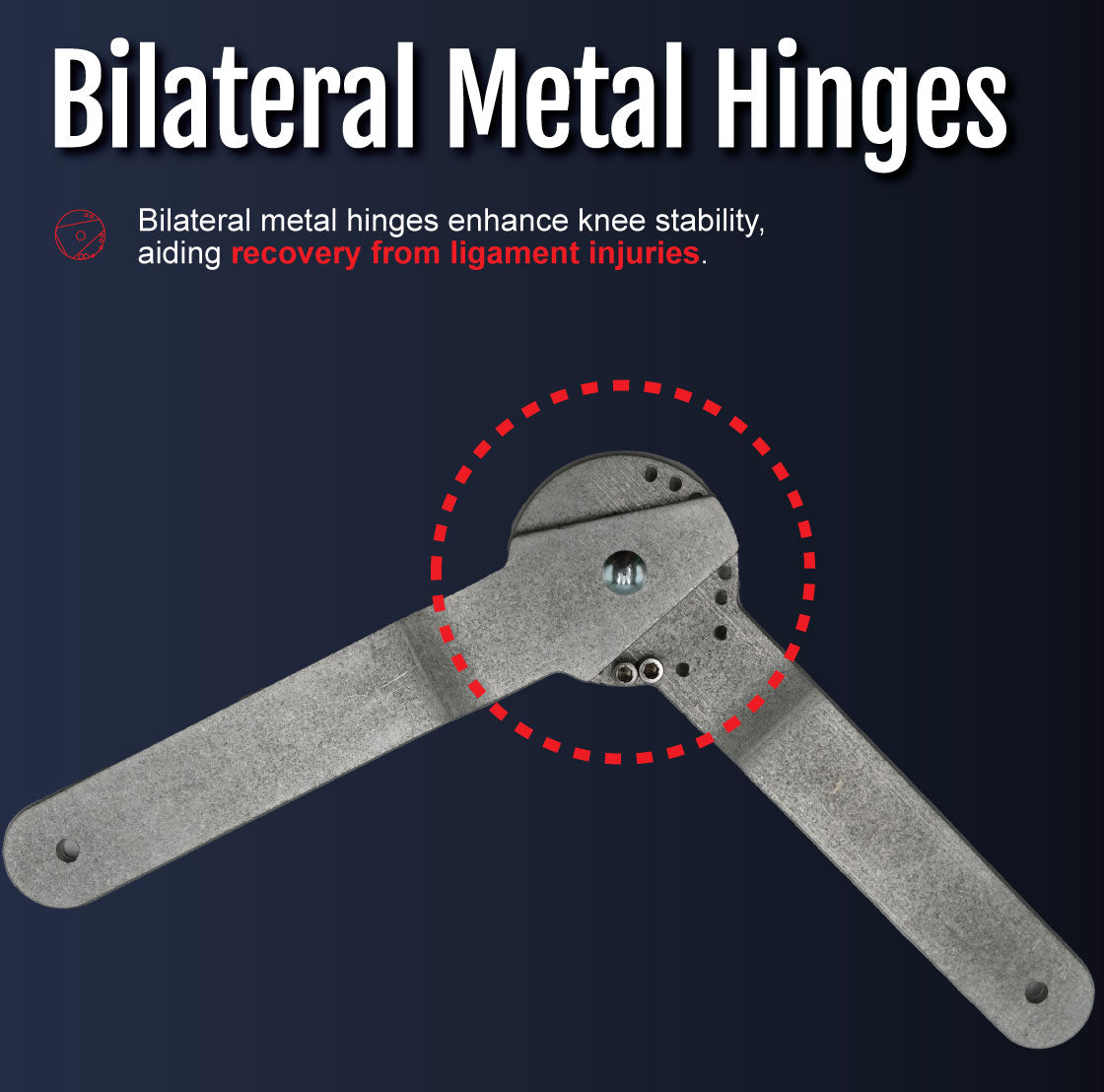 Close-up of bilateral metal hinges on knee brace designed for enhanced stability and ligament injury recovery.
