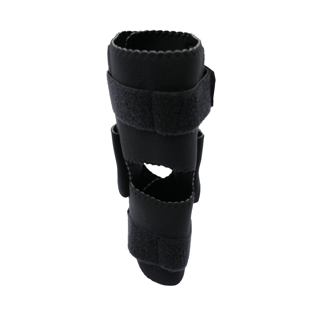 Black adjustable knee brace with velcro straps and open patella design for support and range of motion control.