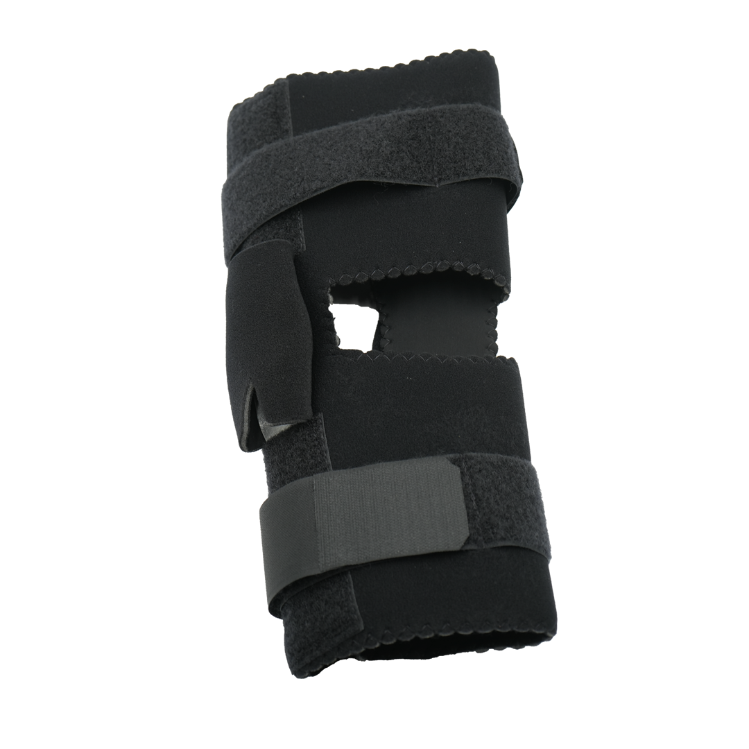 Black adjustable knee brace with dual velcro straps and a cutout for the patella, designed for support and range of motion.