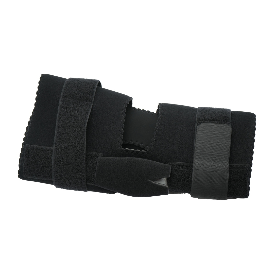 Black adjustable knee brace with Velcro straps and range of motion support panels.