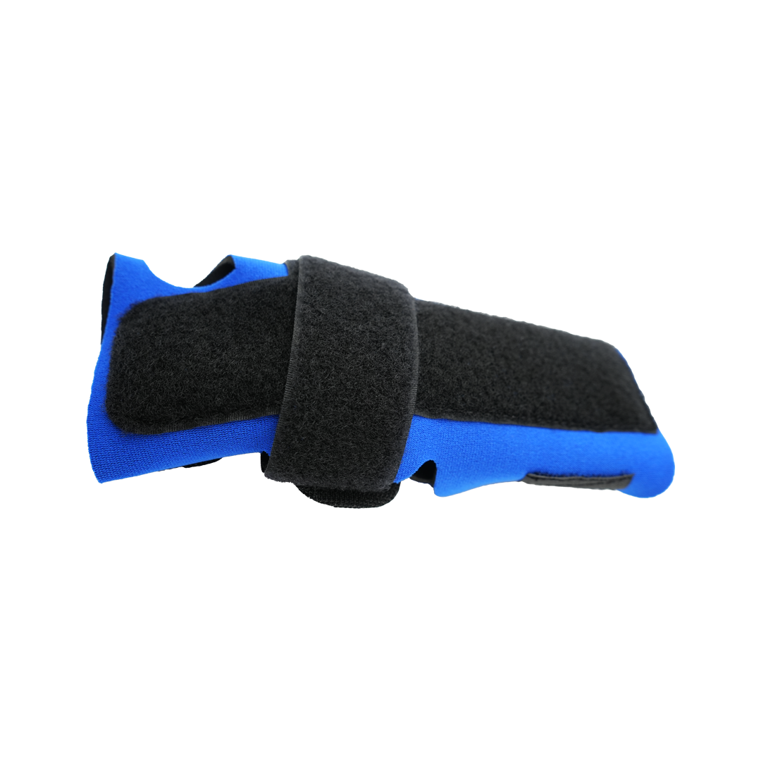 Blue wrist extension splint with black adjustable Velcro strap and cushioned padding.