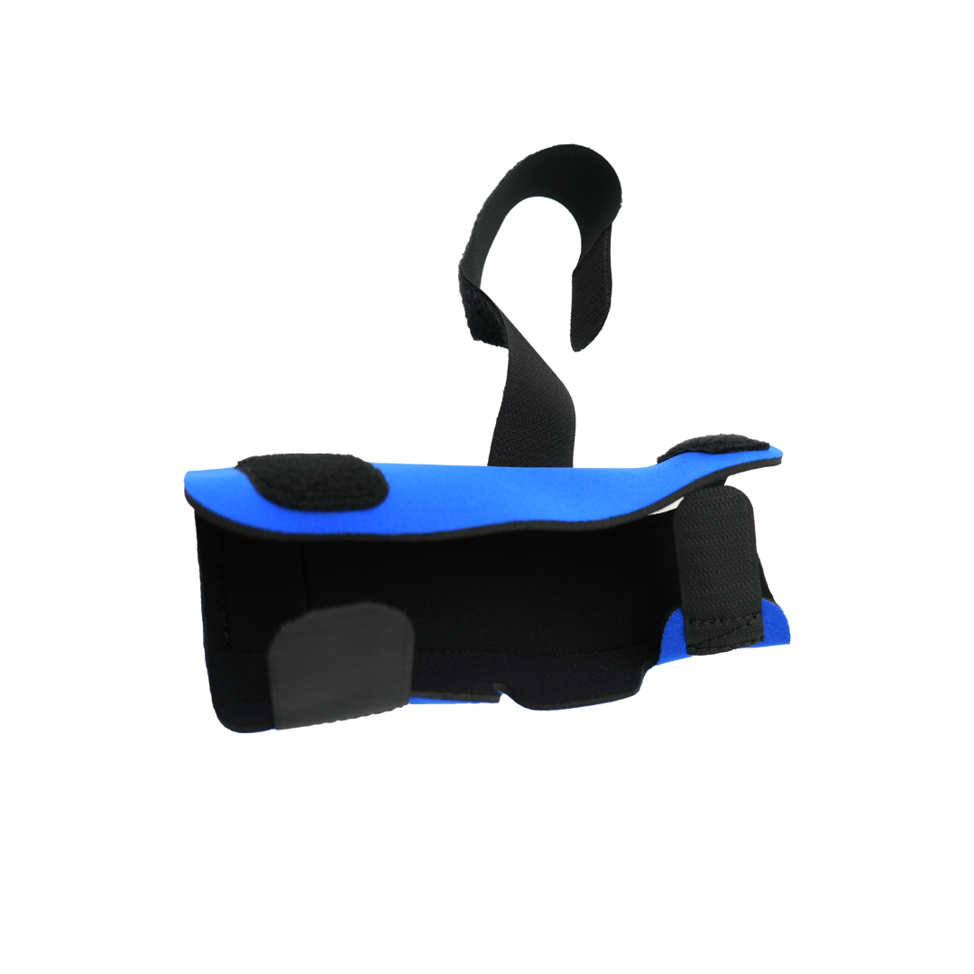 Blue and black extended wrist extension splint with adjustable straps and hook-and-loop closures.