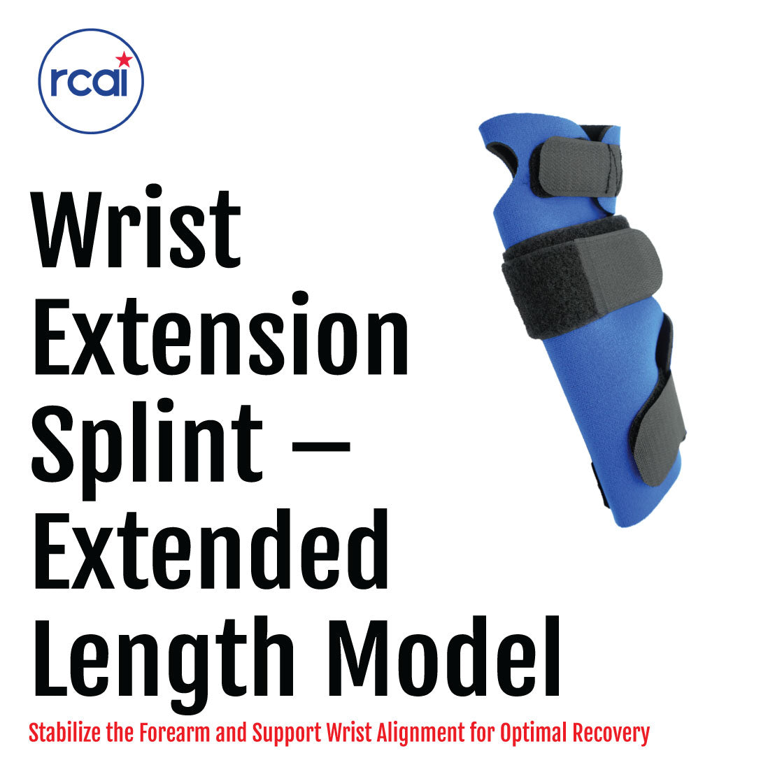 Blue wrist extension splint with extended length, black adjustable straps for secure fit.