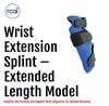 Blue wrist extension splint with three black adjustable straps, contoured for extended forearm support, labeled Made in the.