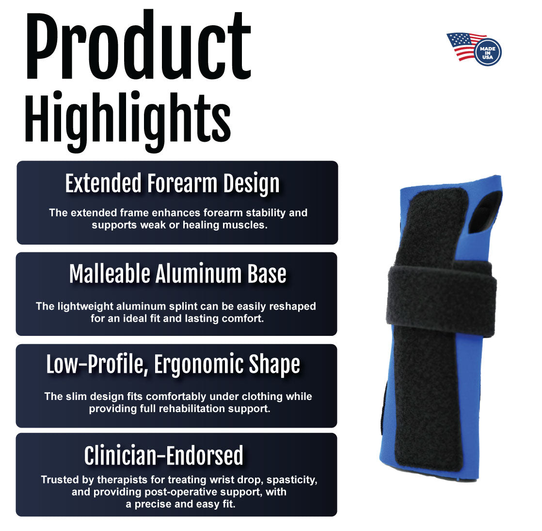 Wrist extension splint features extended forearm design with blue and black molded aluminum base and adjustable straps.