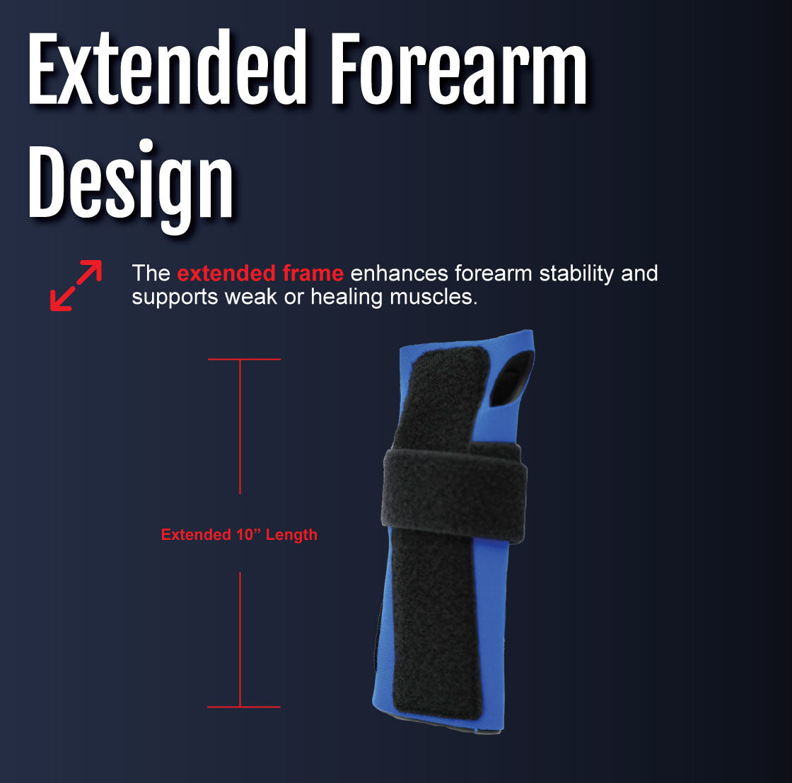 Blue and black extended length wrist extension splint with adjustable straps and foam padding.