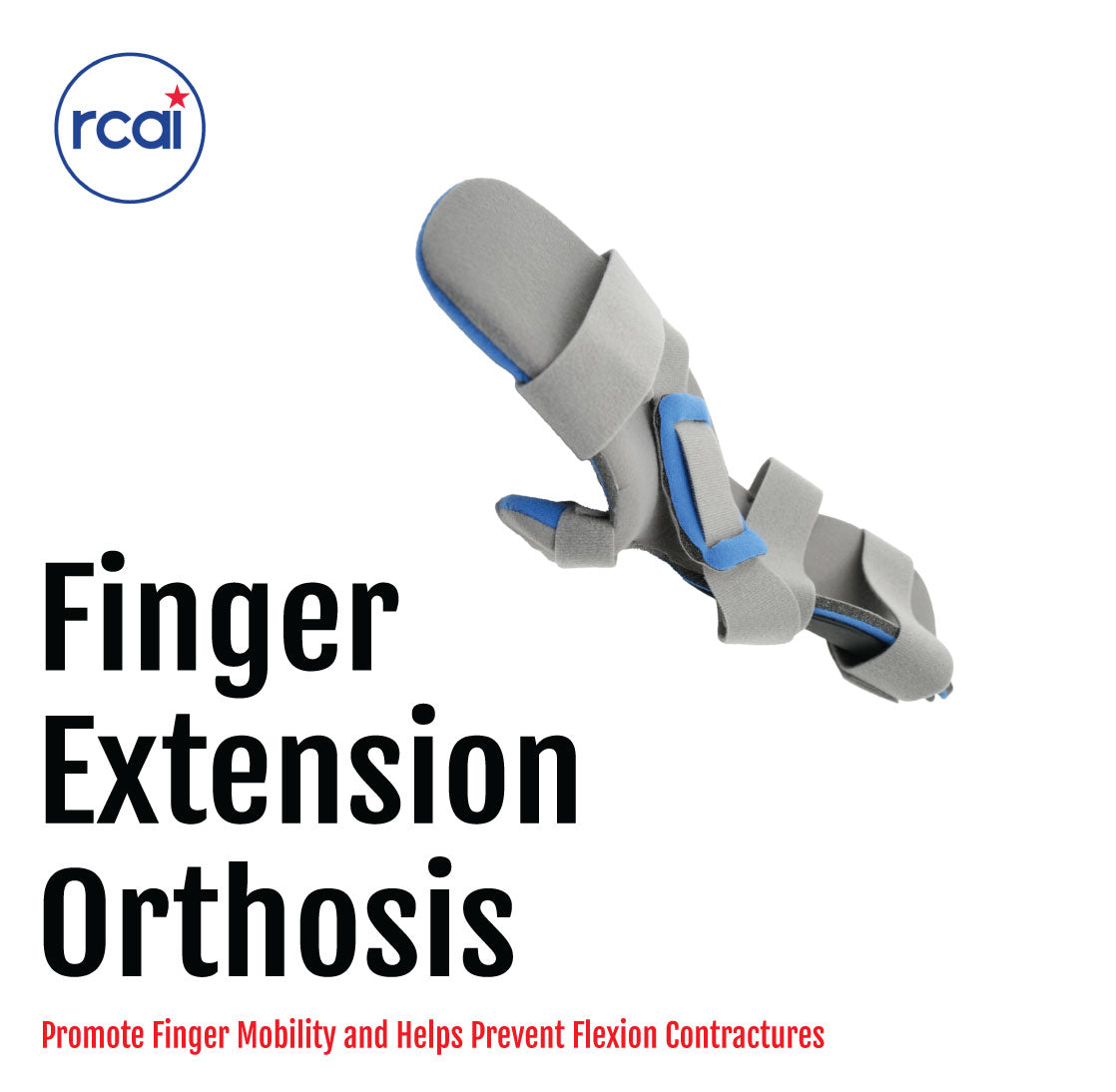 Gray and blue finger extension orthosis splint with adjustable straps on hand model.
