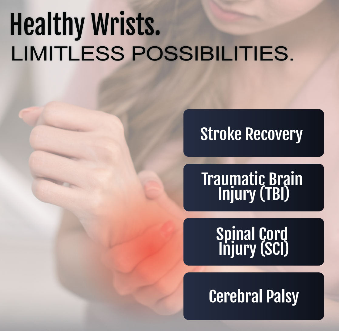 Person wearing a finger extension orthosis on the left hand with a red wrist highlight for pain relief.