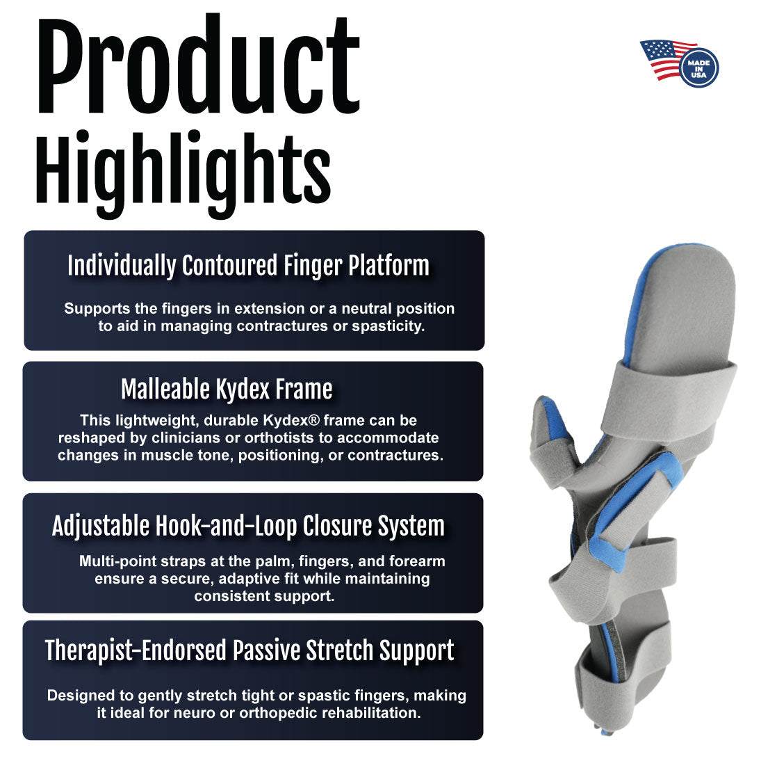 Gray and blue finger extension orthosis with adjustable straps and molded support structure.