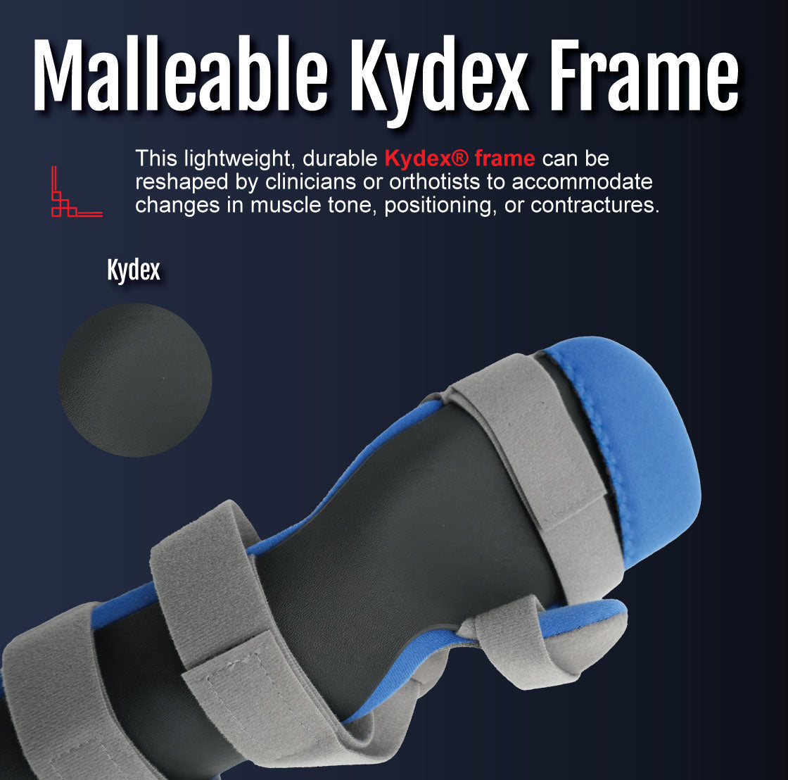 Black finger extension orthosis with blue padded finger cap and adjustable gray straps.