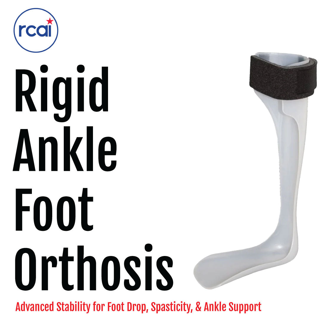 White rigid ankle foot orthosis with black adjustable strap for stability and support.