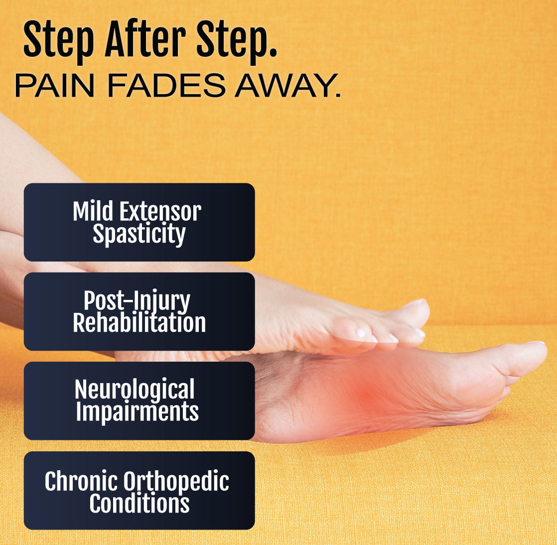 Pair of feet with right ankle highlighted in red against yellow background with text about pain relief benefits of ankle.