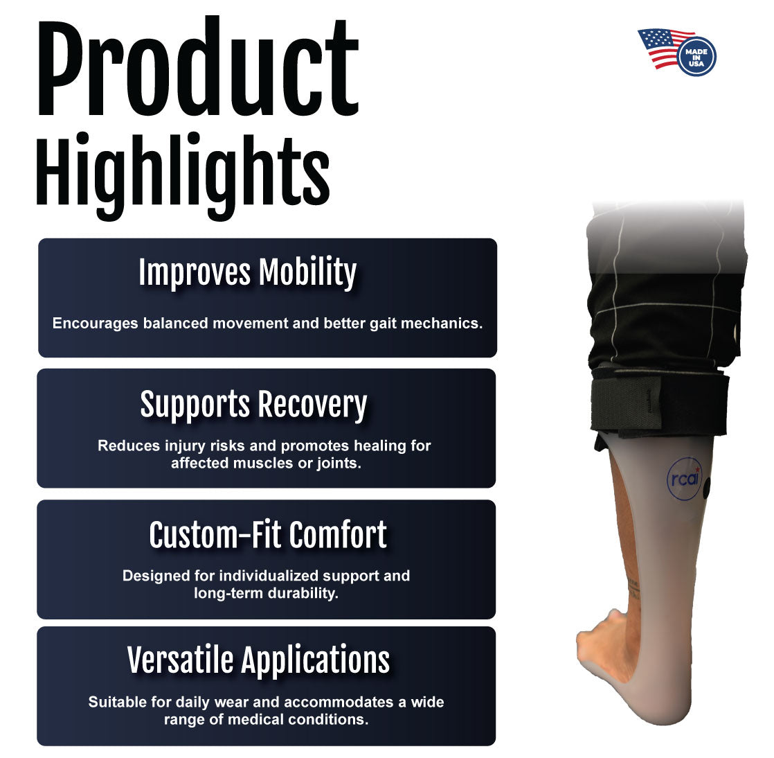 Black RCAI ankle foot orthosis with adjustable straps and rigid support panel.