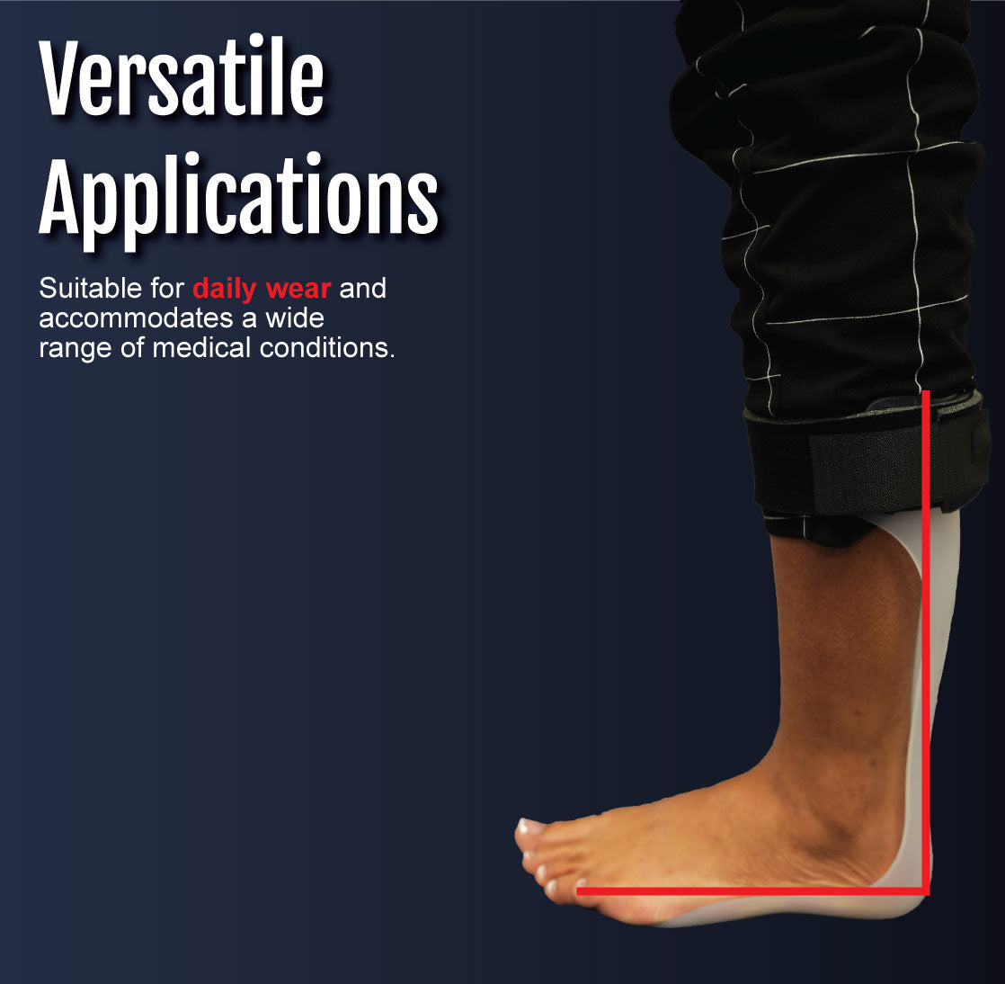 Black ankle foot orthosis brace with rigid support worn on a leg showing foot dorsiflexion angle.