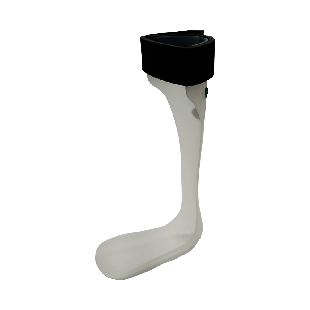White rigid ankle foot orthosis with black adjustable strap and contoured footplate design.