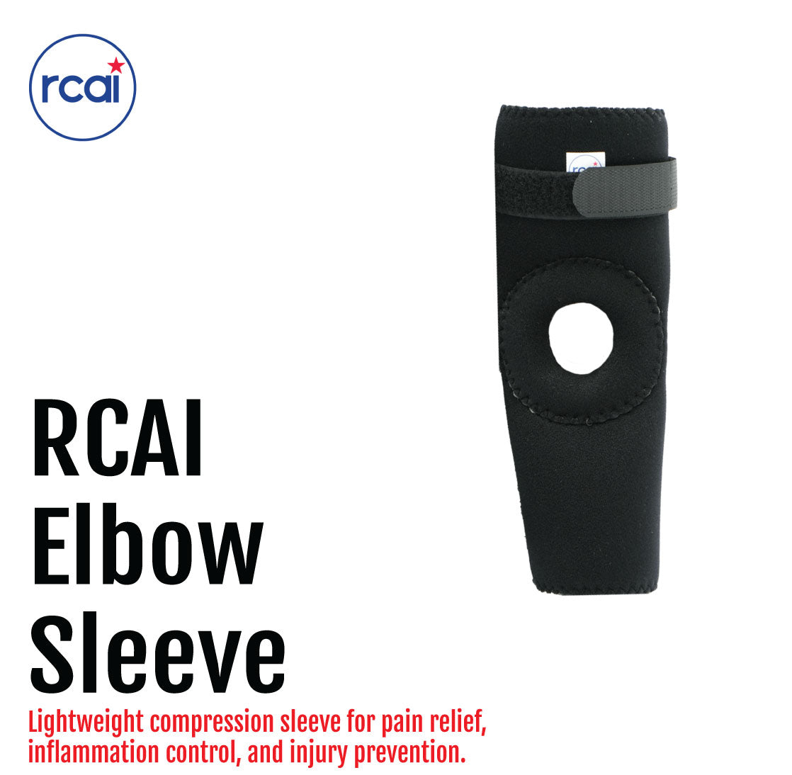 Black RCAI elbow sleeve with adjustable strap and open elbow design for compression and support.
