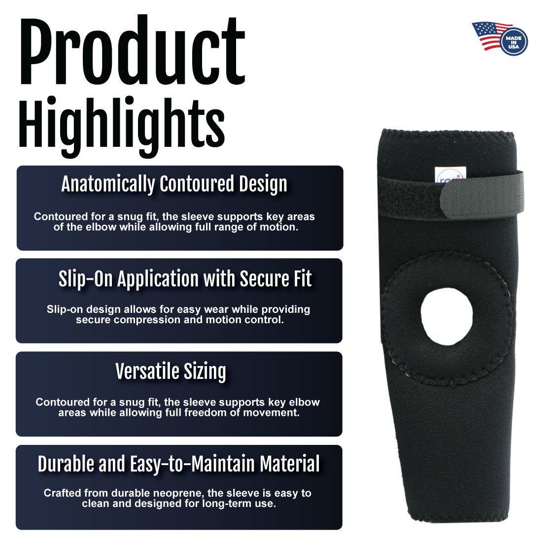 Black RCAI elbow sleeve with open patella design and adjustable velcro strap.