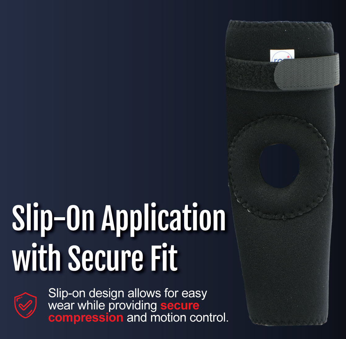Black slip-on elbow sleeve with open circular padding and adjustable strap on dark background.