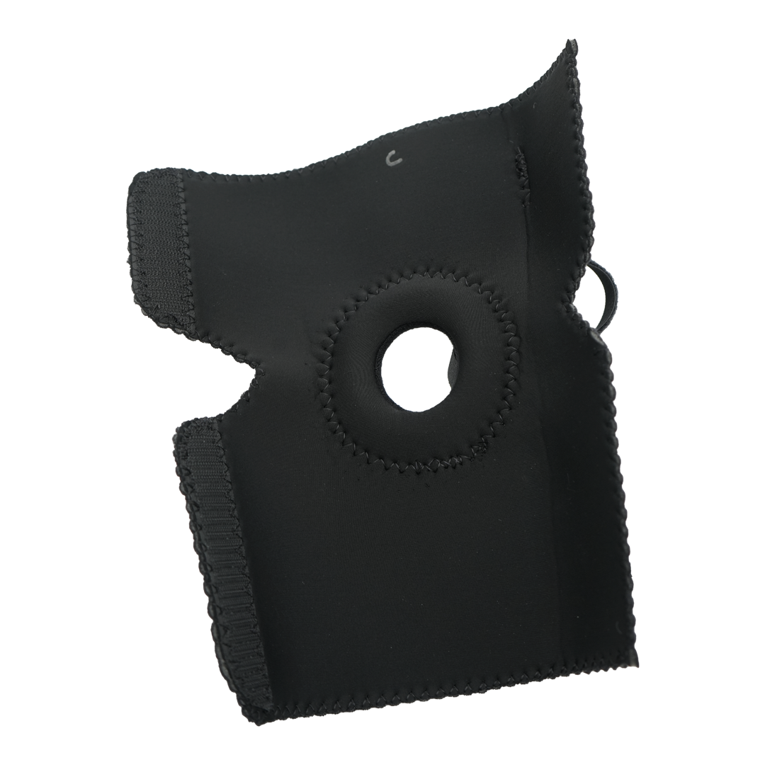 Black neoprene elbow sleeve with open circular patella-style cutout and reinforced stitching.