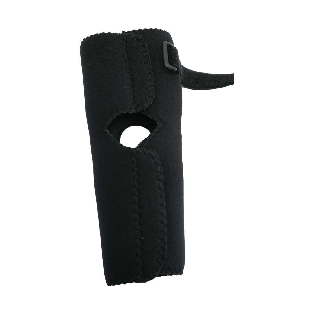 Black neoprene elbow sleeve with adjustable Velcro strap and open elbow design.