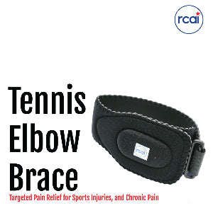 Black adjustable tennis elbow brace with padded support and RCAI logo patch.