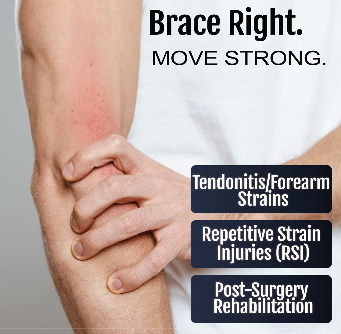 Black adjustable tennis elbow brace worn on right forearm with text highlighting tendonitis, repetitive strain injuries, and .