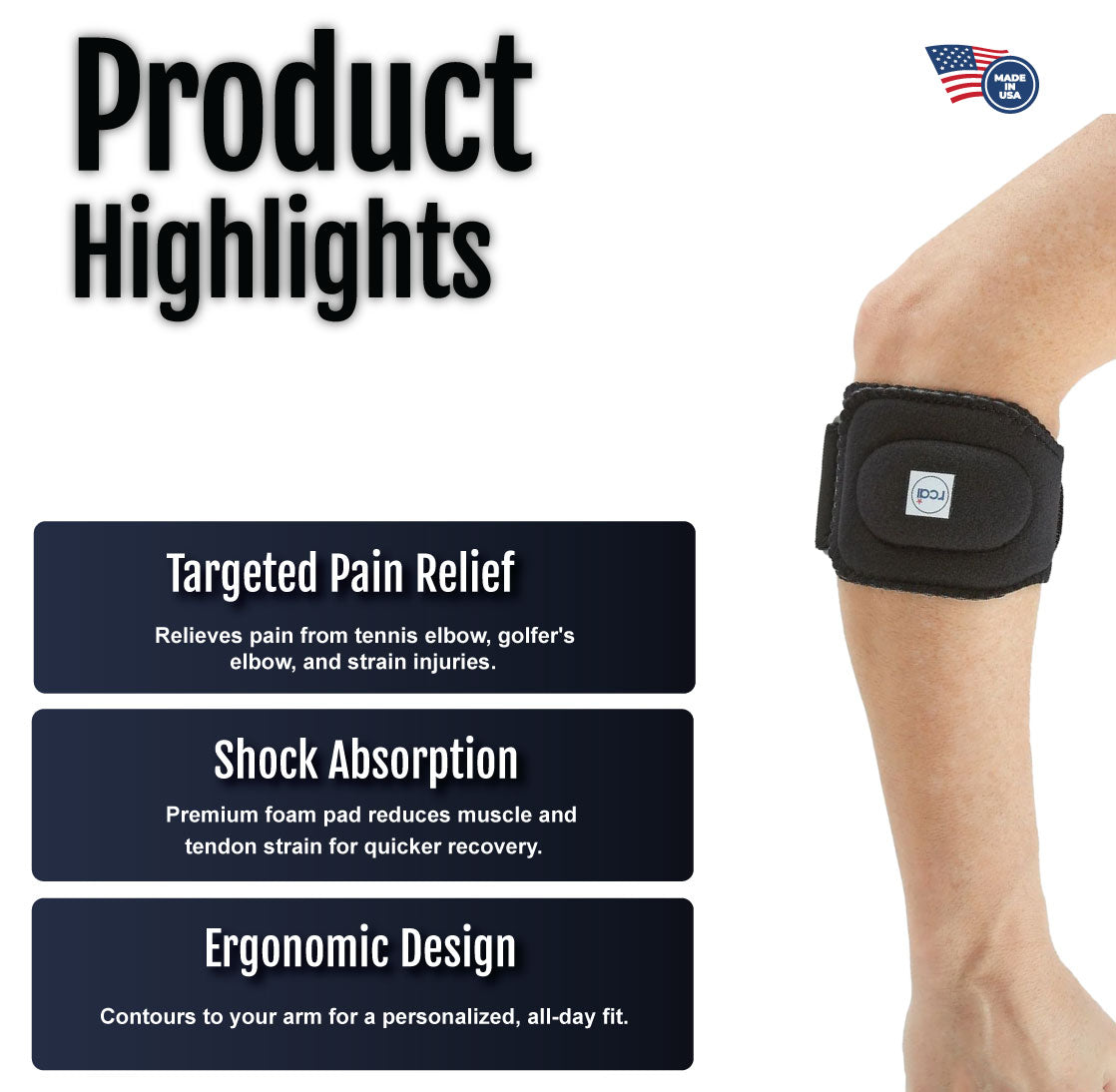 Black RCAI Tennis Elbow Brace with adjustable strap shown on forearm with product benefits text.
