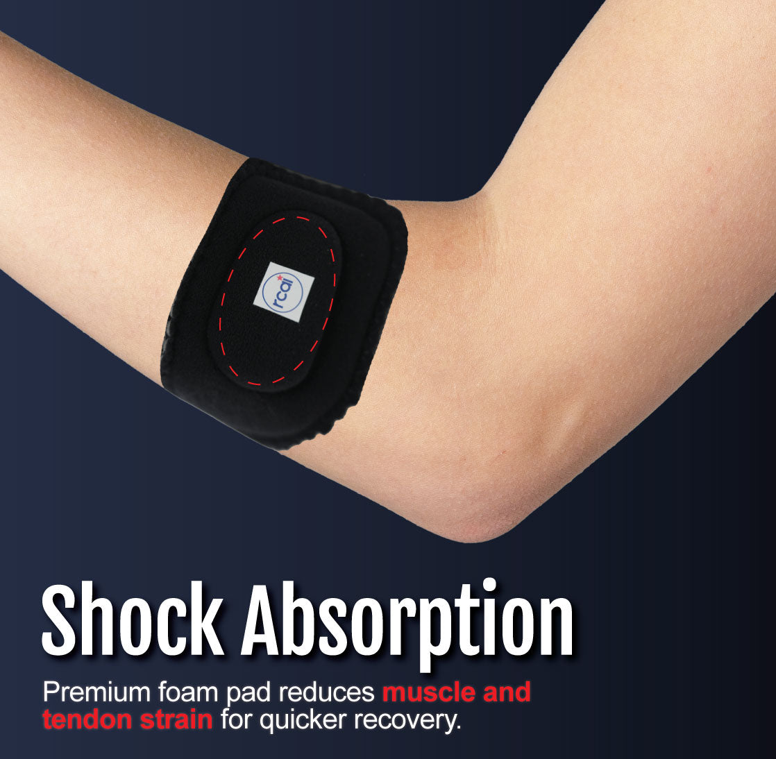 Black RCAI tennis elbow brace with red stitching and logo patch, worn on arm, designed for shock absorption and pain relief.